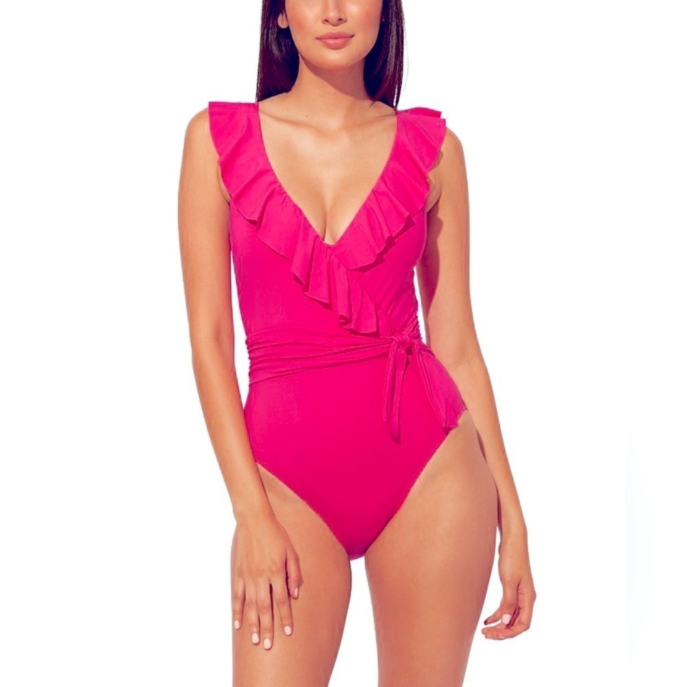 Bleu Rod Beattie Hot Pink Ruffle V-Neck One-Piece Swimsuit